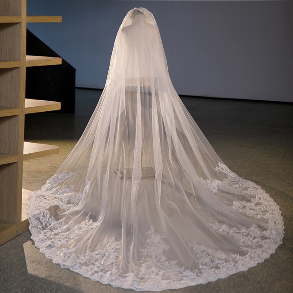Long White Bridal Veil with Lace Trim